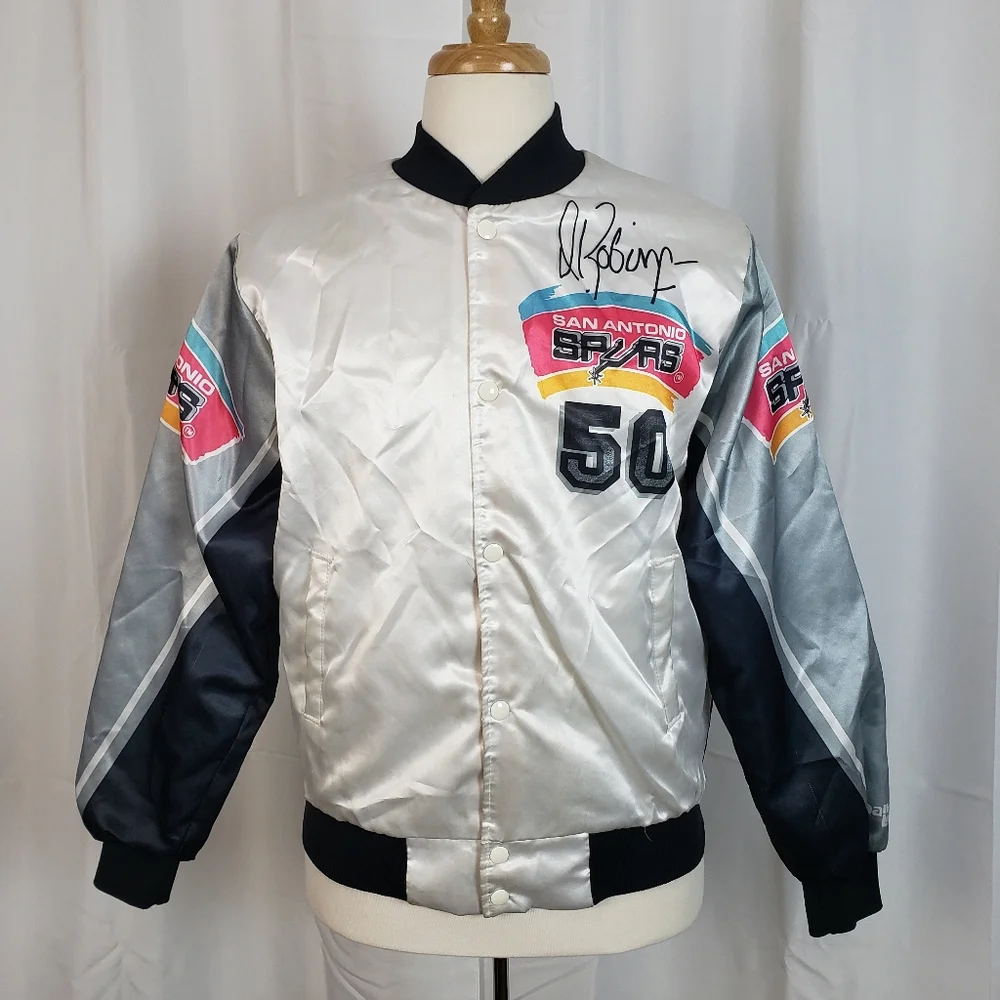 90's NBA San Antonio Spurs Chalk Line David Robinson Varsity Satin Bomber Jacket - Picture 2 of 4